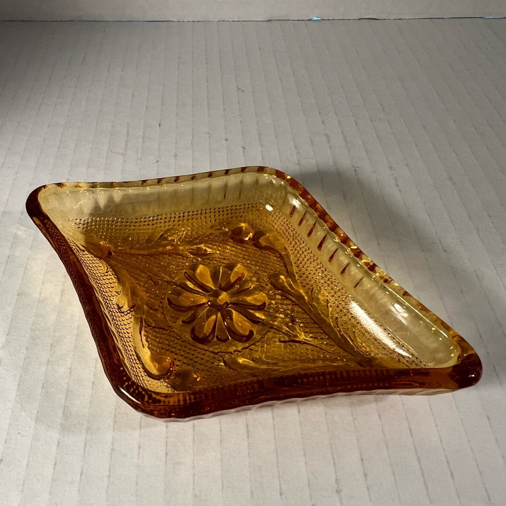 Vintage Diamond-shaped Amber Glass Decorative Ring Dish
